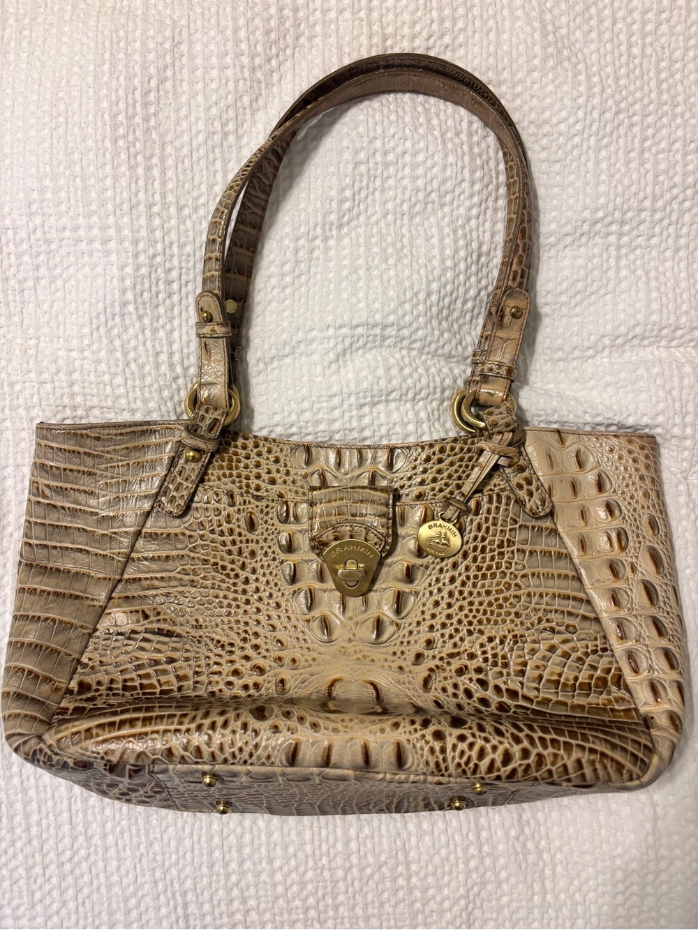Brahmin Taupe Croc-Embossed Leather Shoulder Bag with Gold Hardware
